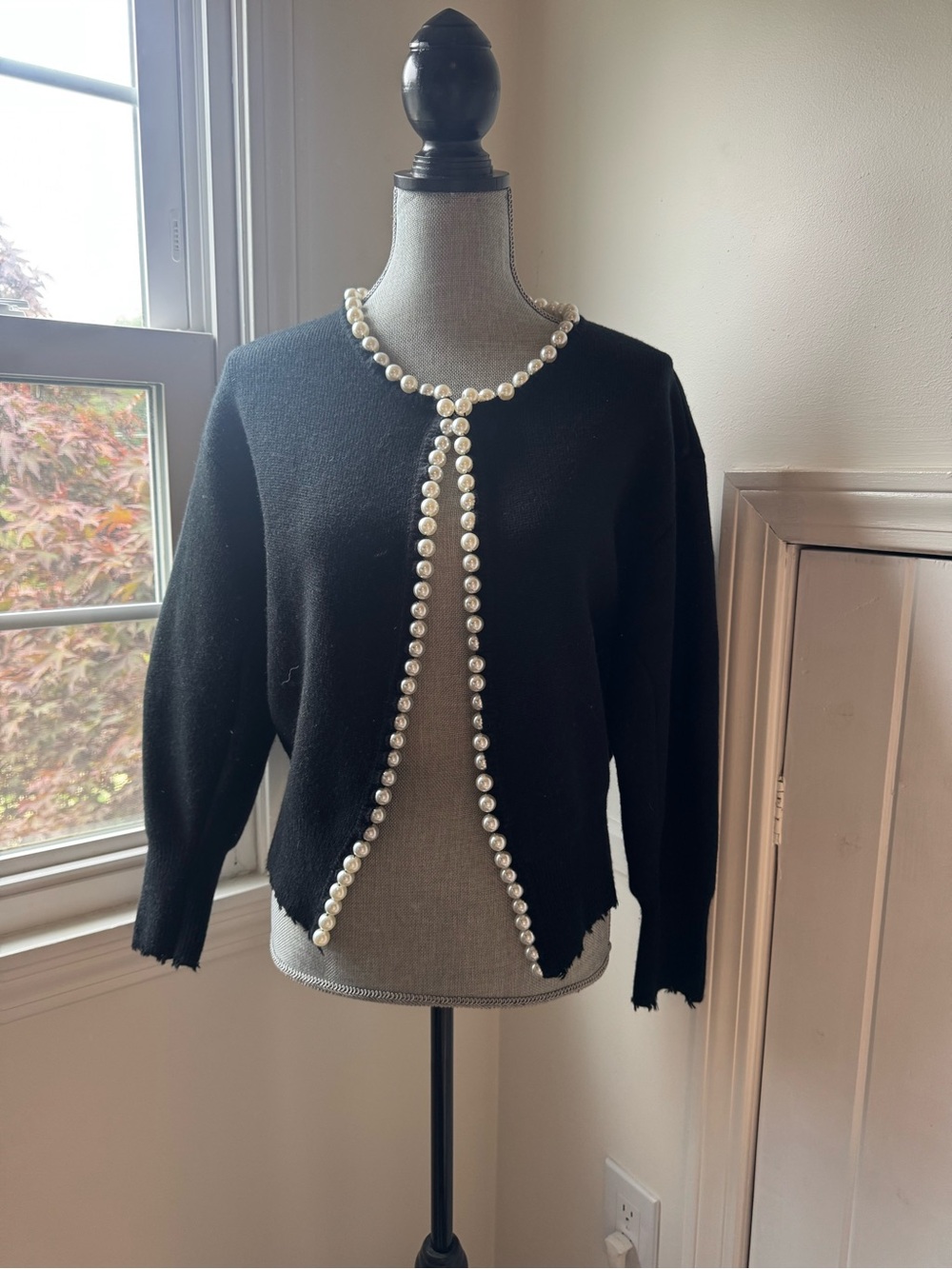 Black Pearl-Trim Women's Cardigan Sweater